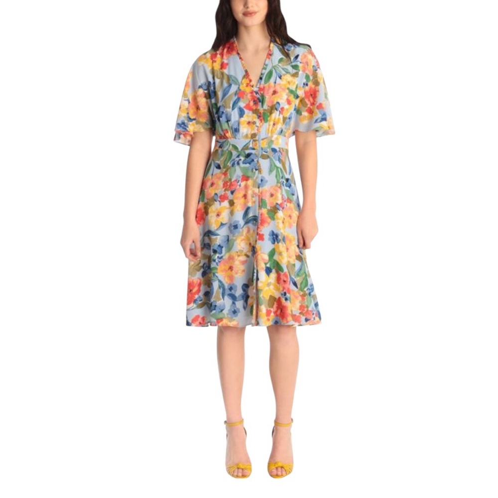 Maggy London Button Up Flutter Sleeve Cari‎ Dress Blue Floral Womens 4 NWT